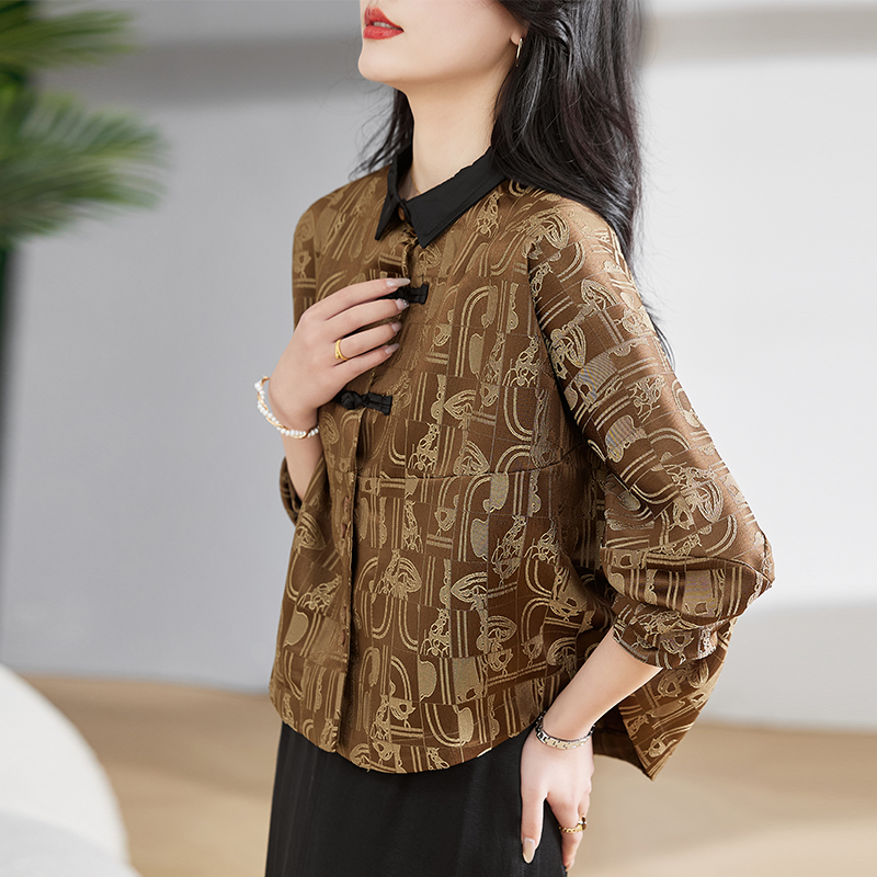 新中式盘扣提花长袖衬衫女士2024春夏新款宽松遮肚藏肉蝙蝠衫上衣