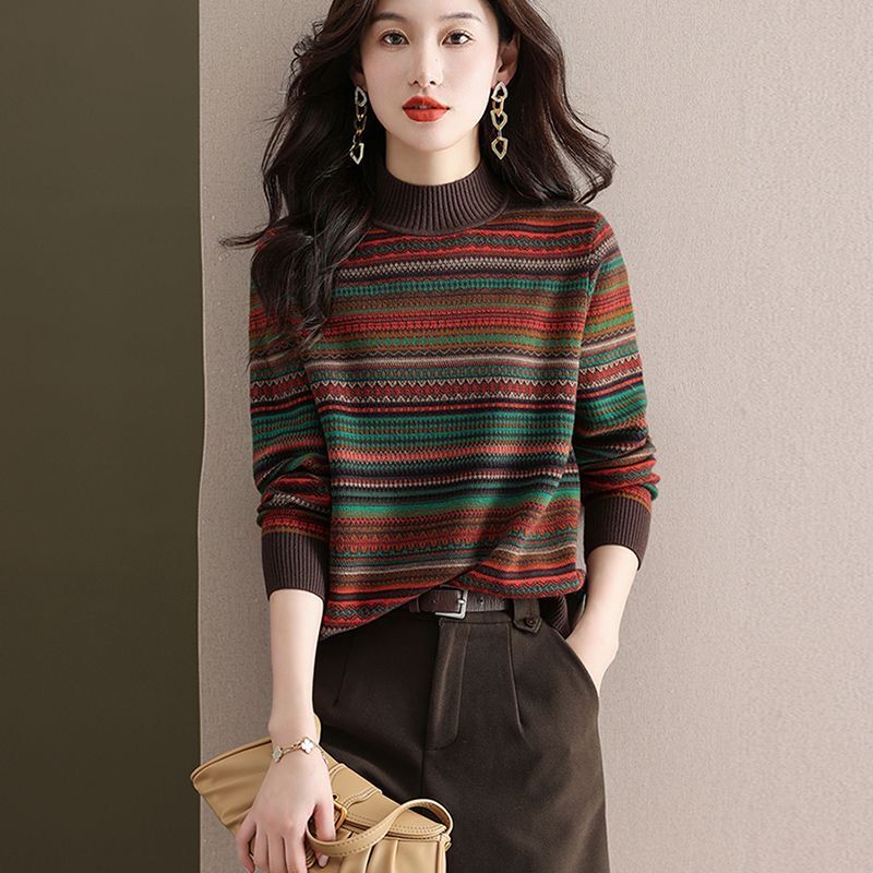 鄂尔多斯市显瘦百搭气质条纹保暖毛衣宽松打底内搭羊绒衫时尚女