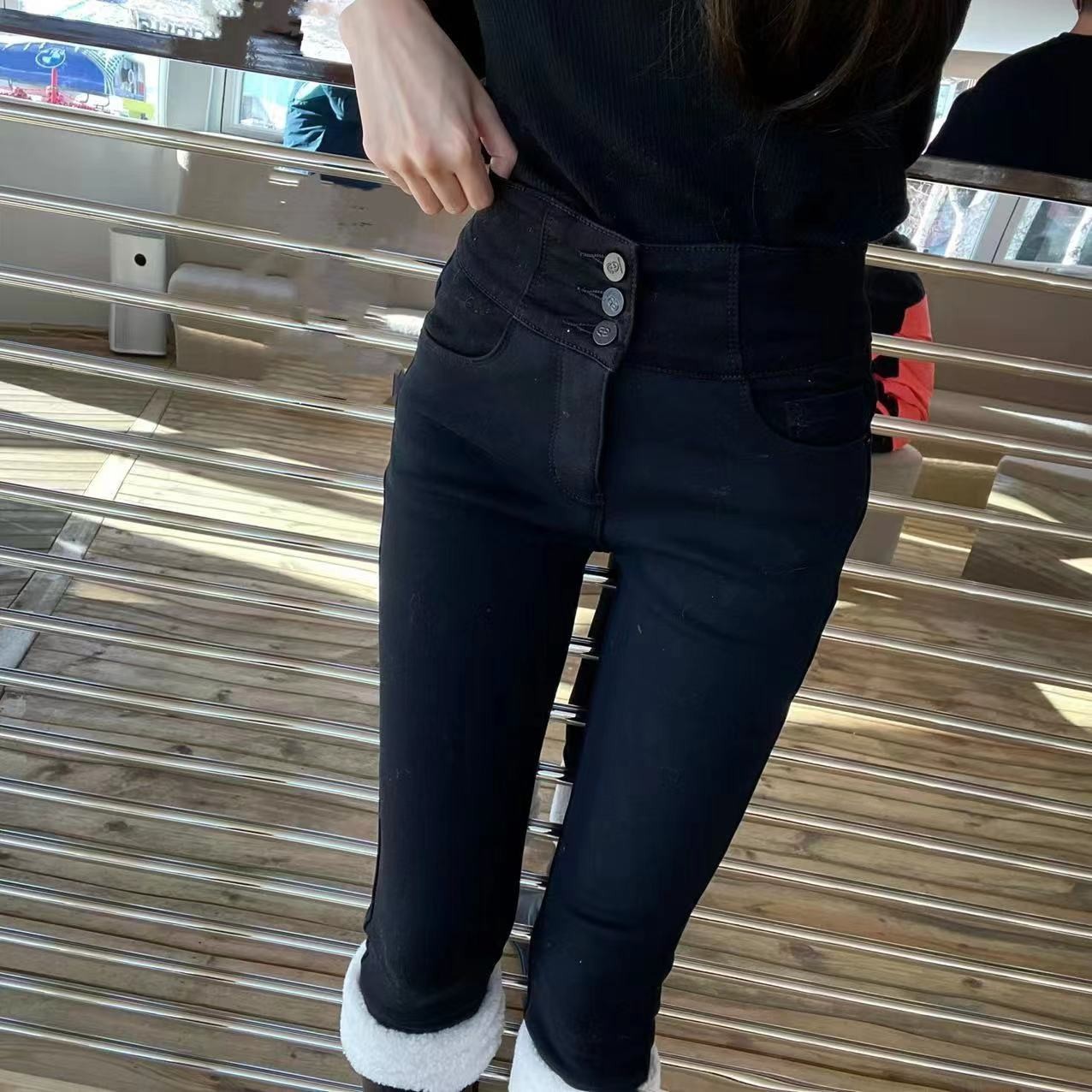 【卡娜迪】高腰三粒扣加绒加厚牛仔紧身长裤 K0470修身显瘦