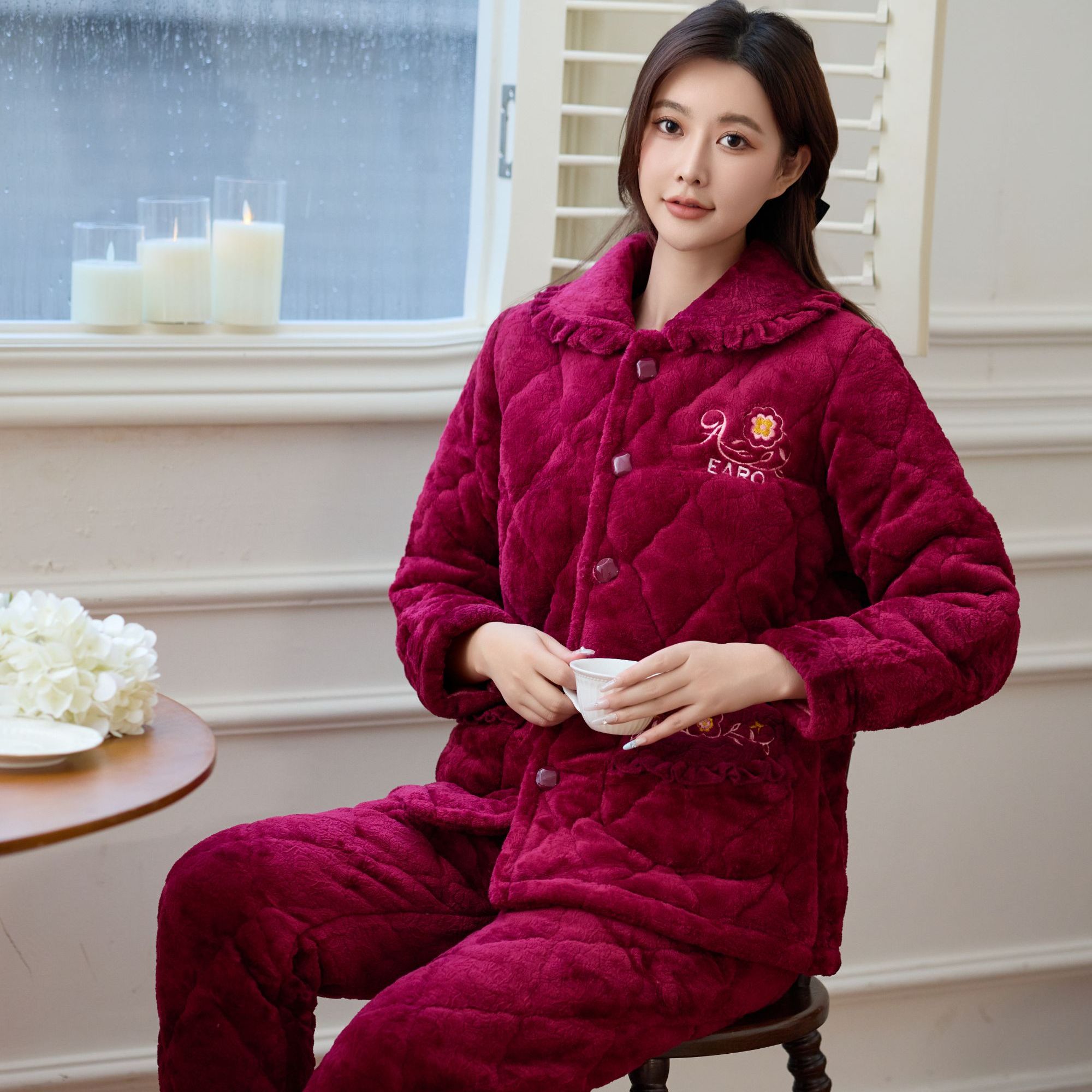 901特厚妈妈时尚三层加绒夹棉睡衣家居服套装可外穿