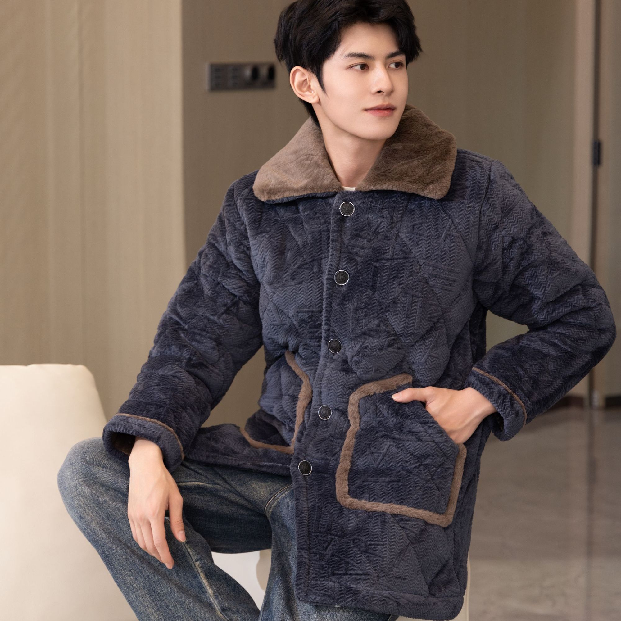 【中长款单上衣】8312冬季男特厚三层保暖夹棉睡衣家居服