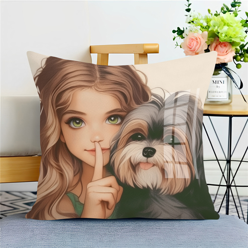 狗狗和女孩新款十字绣抱枕枕套靠枕沙发卧室车上自己绣满绣 
