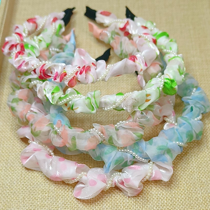 森系小清新花朵褶皱珍珠发箍少女心森系细头箍夏日多巴胺发饰头饰