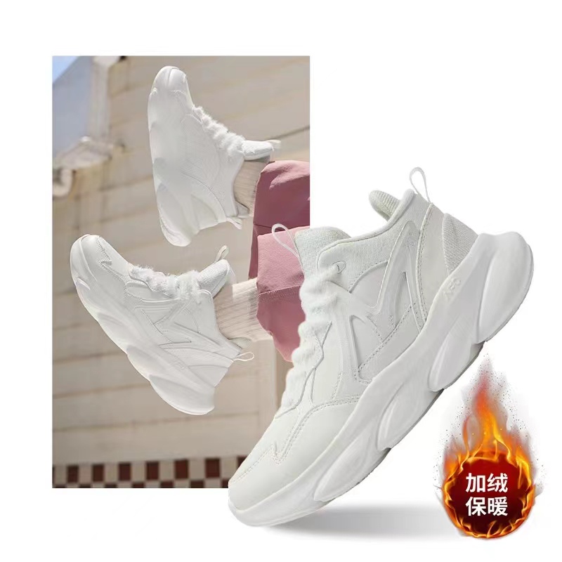 361狐灵白色女鞋运动鞋2025冬季新款高帮加绒保暖革面防水跑步鞋
