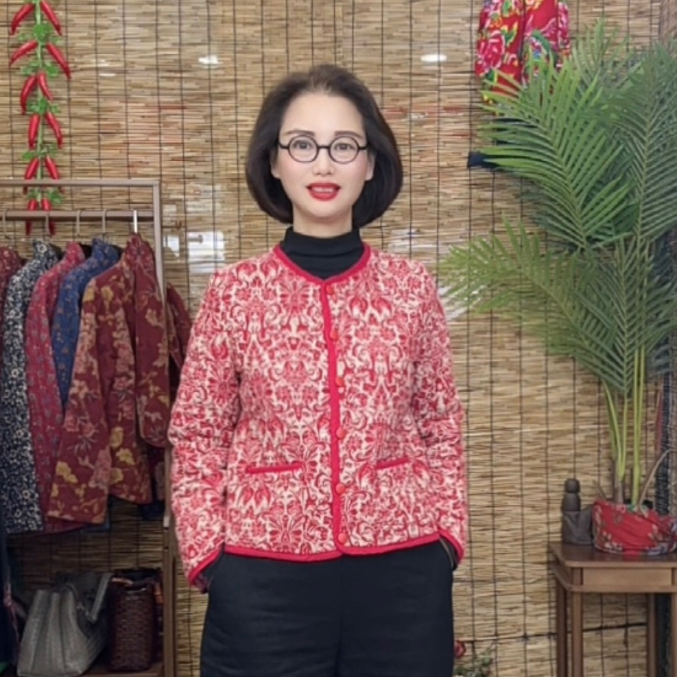 <小香风棉衣>印花棉麻面料圆领长袖小香风国风棉衣居家妈妈装9122