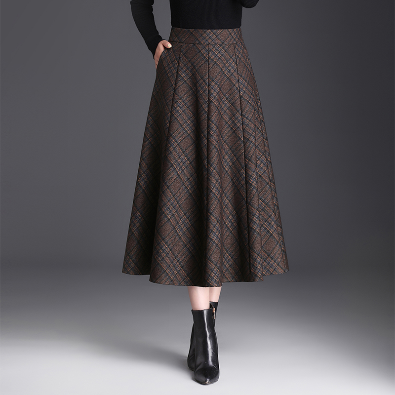 秋冬格子半身裙毛呢A字百褶裙垂感长裙高腰大码胖mm裙子时尚百搭