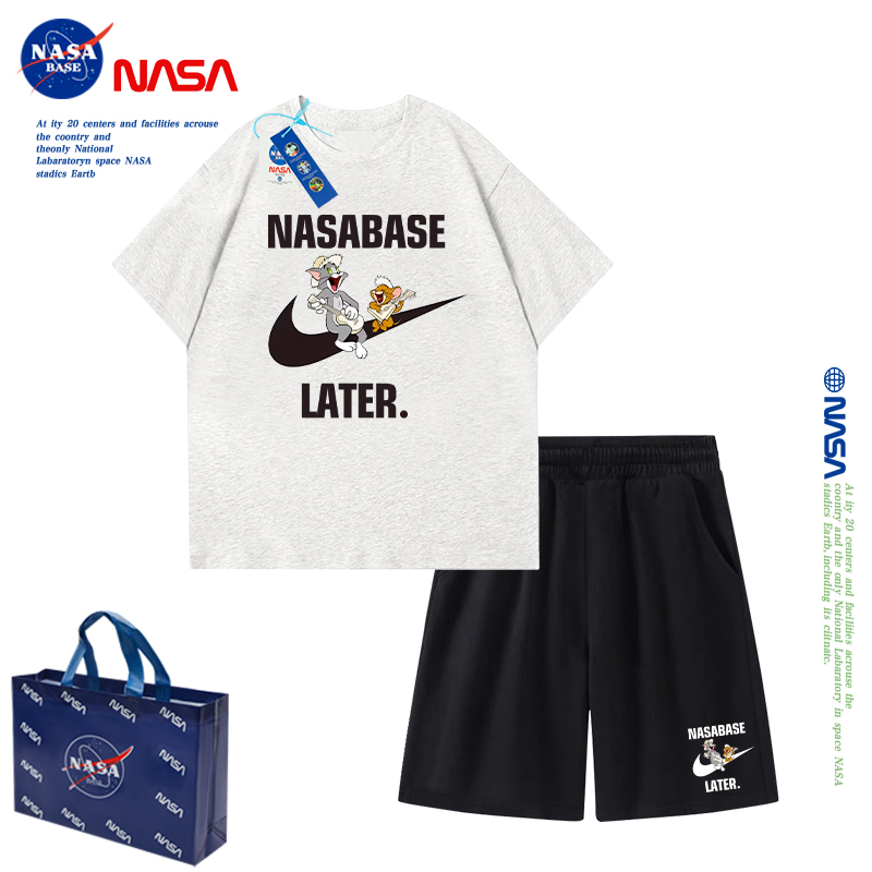 NASA联名猫和老鼠儿童t恤短袖2024新款夏季男孩纯棉儿童上衣套装