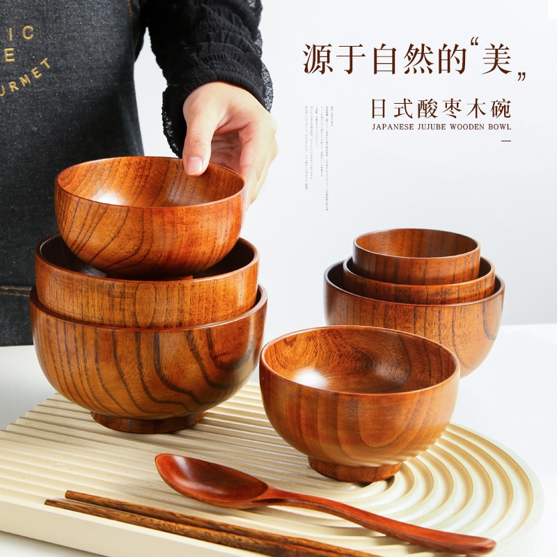 酸枣木碗儿童木质小饭碗防摔防烫日式大号木头碗宝宝家用木勺餐具