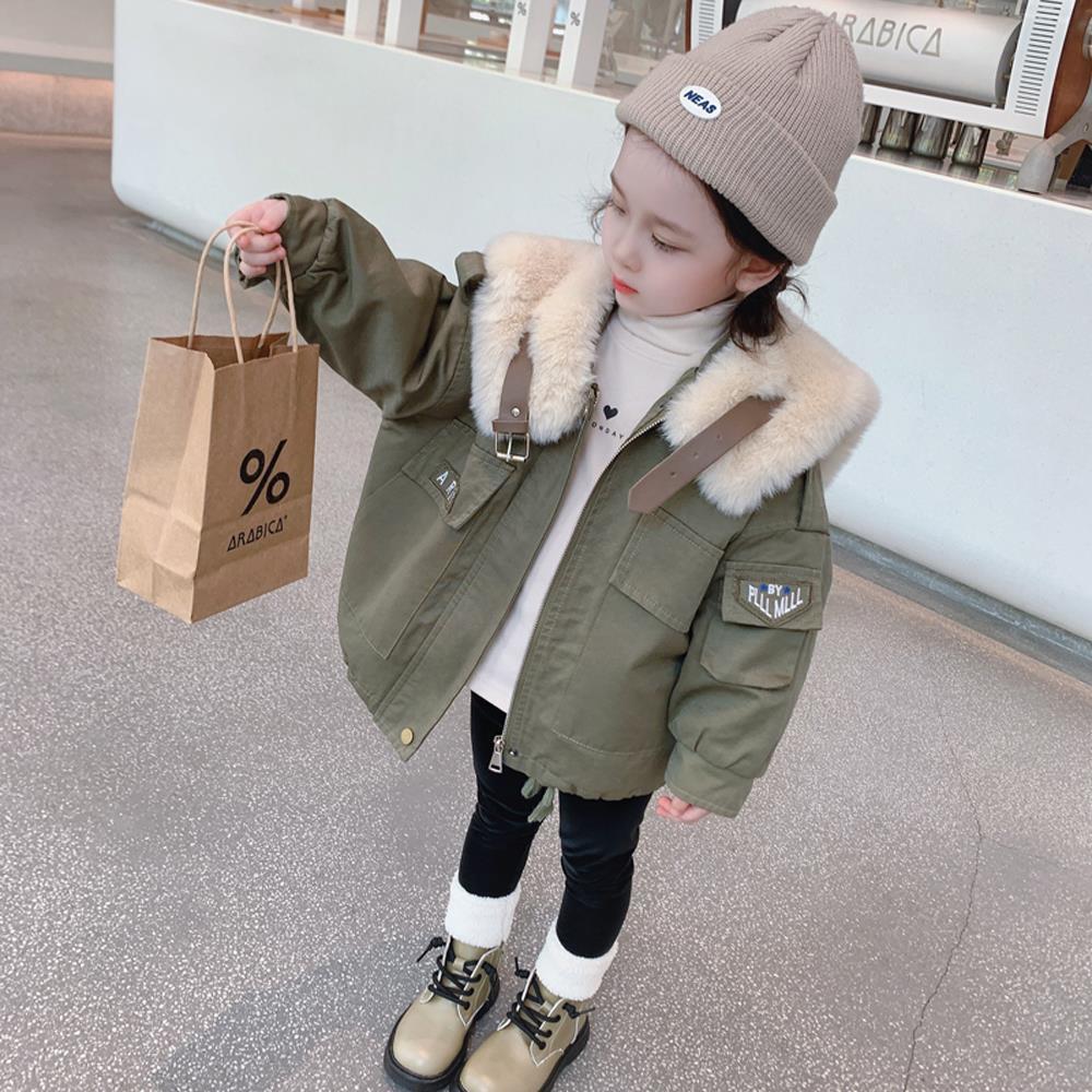 女童加绒外套冬季外穿棉袄小童加厚洋气毛领棉服女宝宝儿童冬装潮