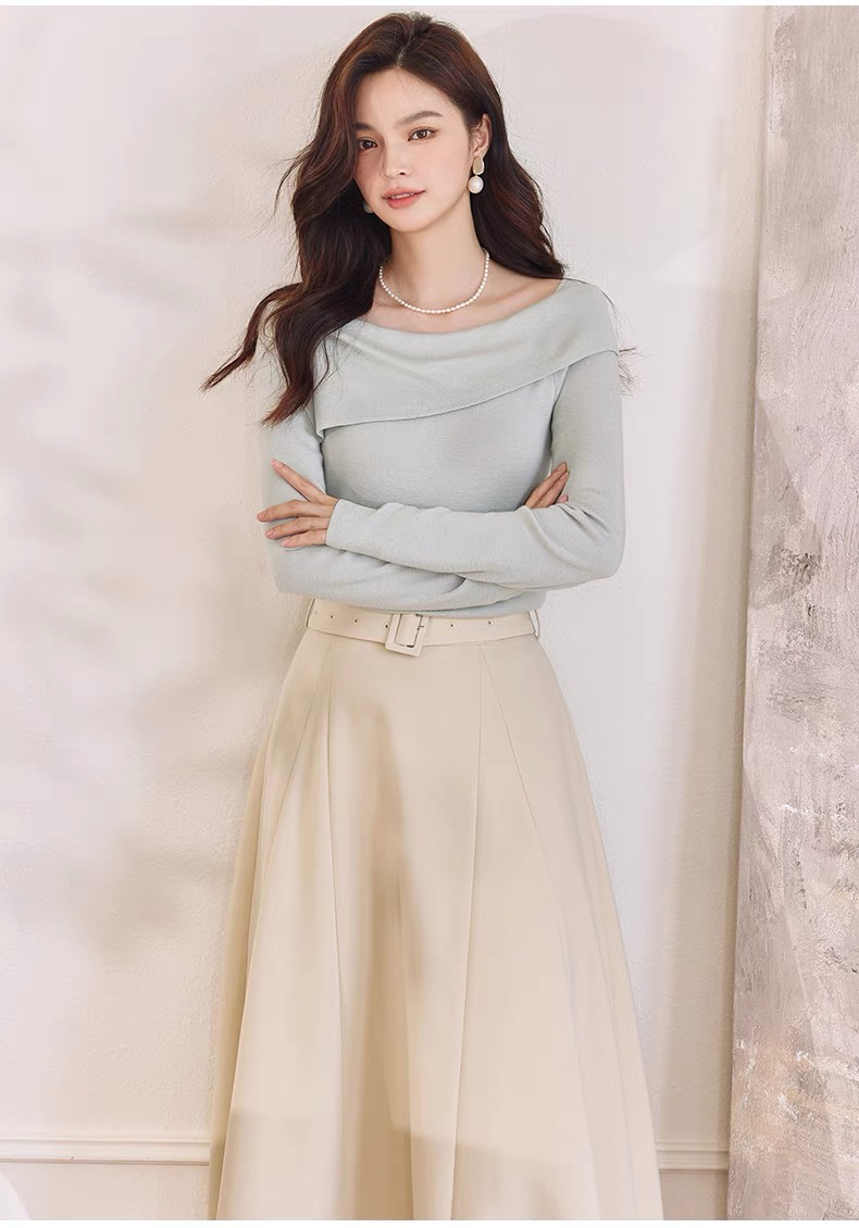 Cousin | 秋冬原创设计师款桑蚕丝羊绒一字肩显瘦长袖针织衫23189