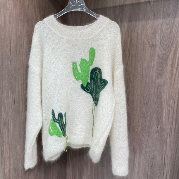 E'VAN【仙人掌】圆领长袖仙人掌设计师百搭宽松马海毛衣（不能机洗)