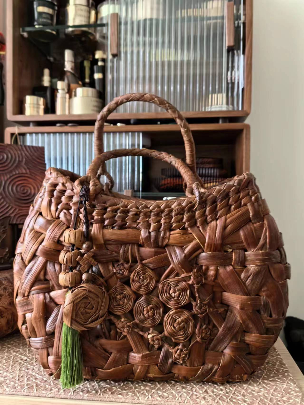 阅竹堂非遗月牙大号双面玫瑰花藤编包包蘑菇包