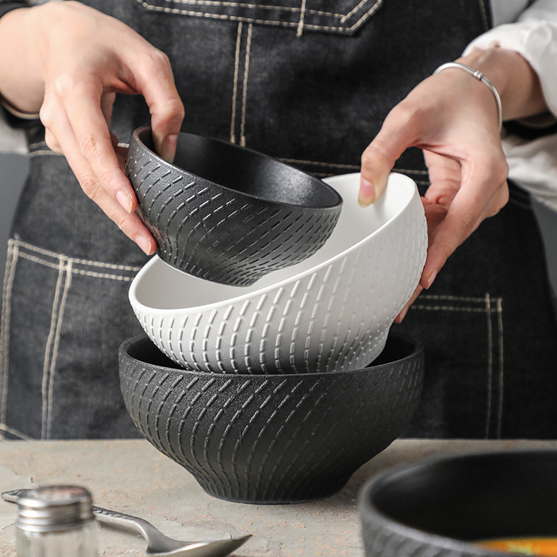北欧简约高颜值黑色家用吃饭碗汤碗防烫拉面碗沙拉碗大号陶瓷餐具