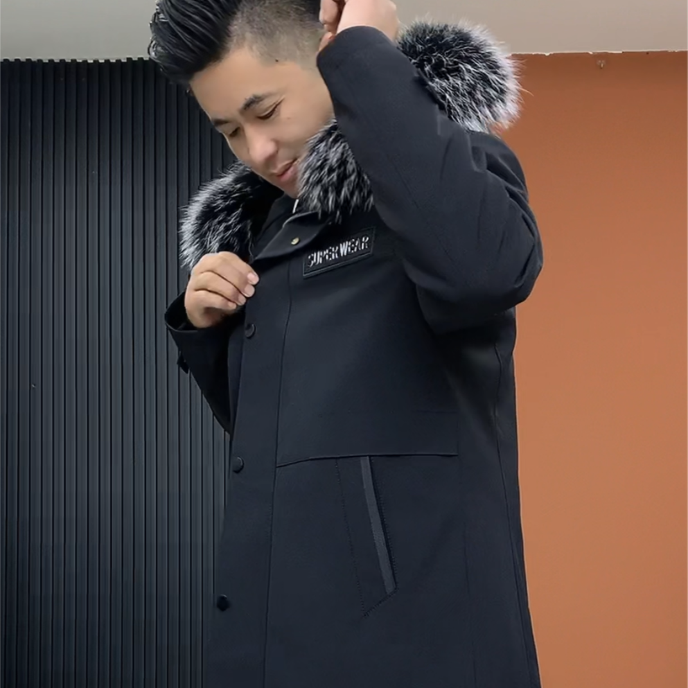 ZQJ236男士时尚休闲长款风衣派克男式冬装青兔安哥拉大衣皮棉服