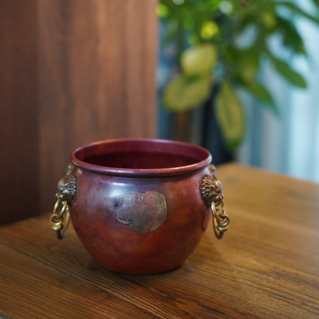 宽窄.纯紫铜锻打-狮子双耳紫铜建水 大容量茶渣缸水洗家用1.5L