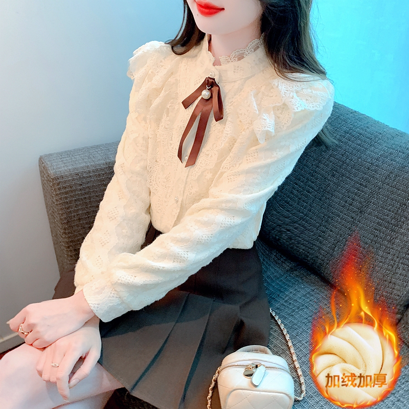 2025年秋冬新款蕾丝加绒打底衫衬衫女士花边系带立领加厚洋气上衣