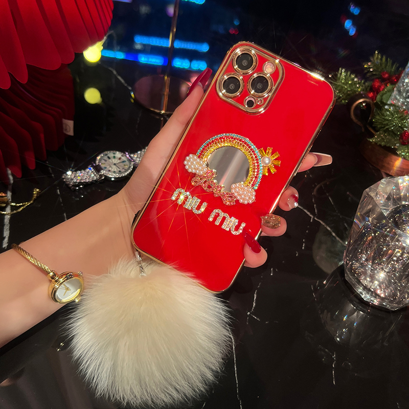 化妆镜苹果14promax新年红云朵手机壳硅胶iPhone14网红创意13全包