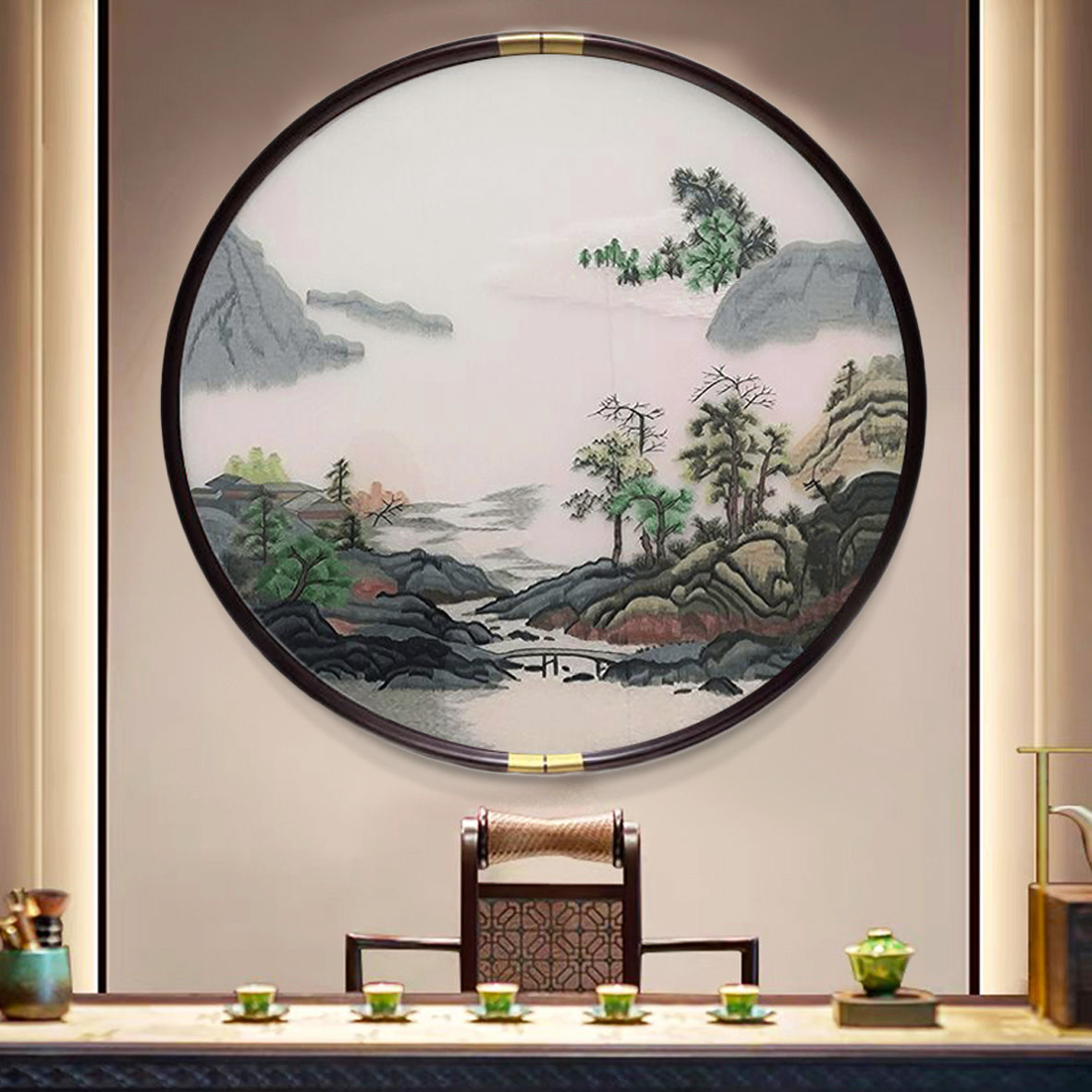苏绣挂画玄关走廊背景墙立体悬浮画餐厅办公室茶室实木装饰画