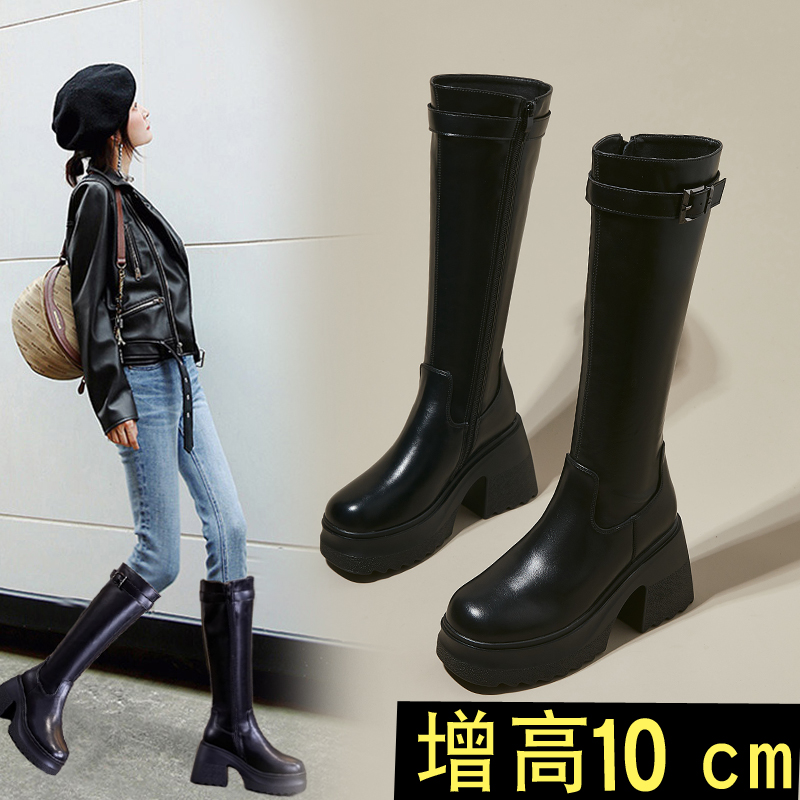 红蜻蜓牌厚底加绒靴子女长筒靴显高白色秋冬款真皮高跟10cm骑士靴