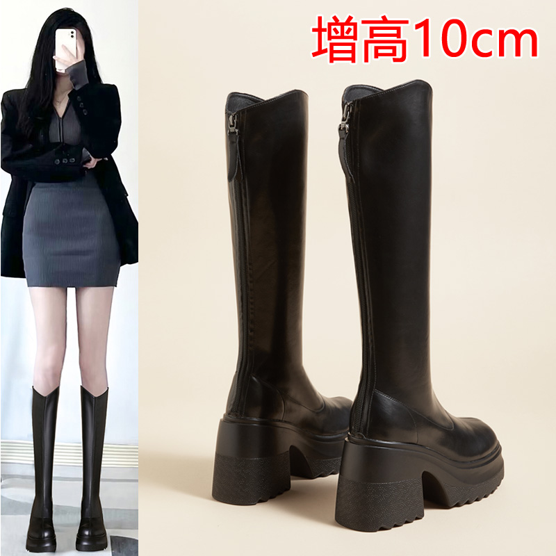 红蜻蜓牌增高10cm高跟长靴女2023秋小个子V口厚底粗跟高筒骑士靴i