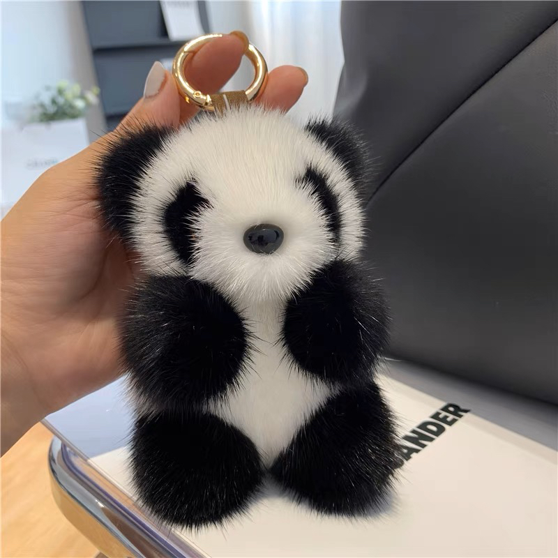 可爱水貂坐熊猫钥匙扣挂件高档毛绒公仔玩偶包包挂饰