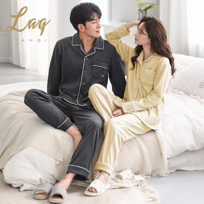 睡衣情侣女士冬季海岛绒加绒纯色男士开衫长袖长裤套装家居服2677