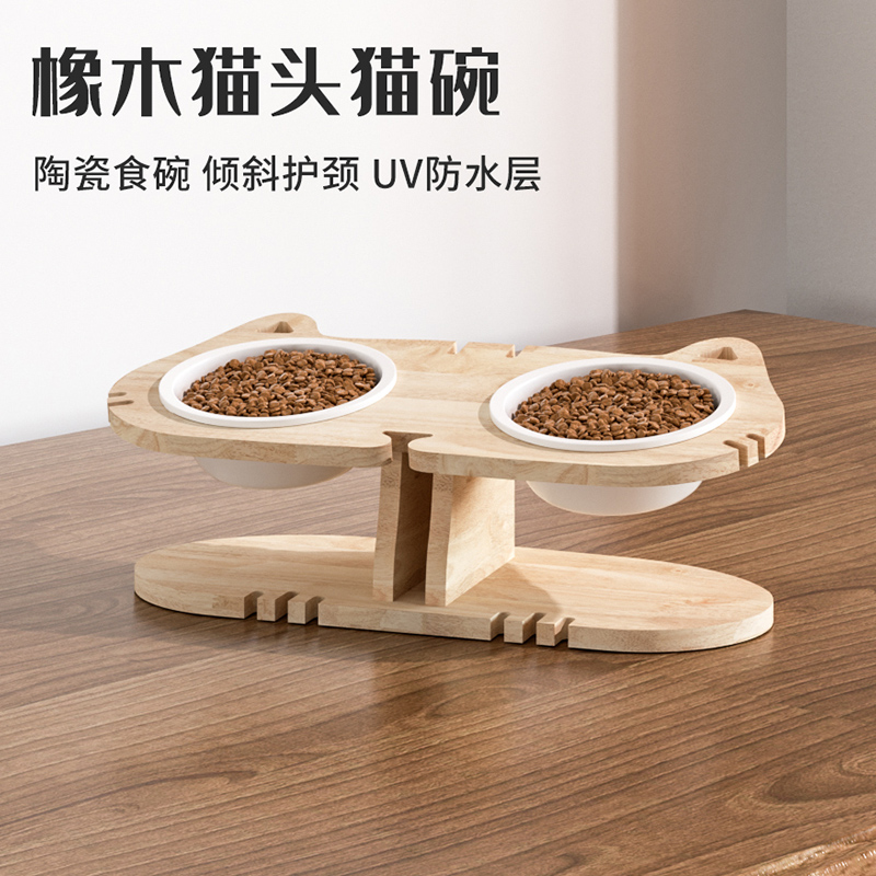 CATSKY猫猫头悬挂陶瓷猫碗吃饭实木护颈防打翻多猫15°倾斜双碗