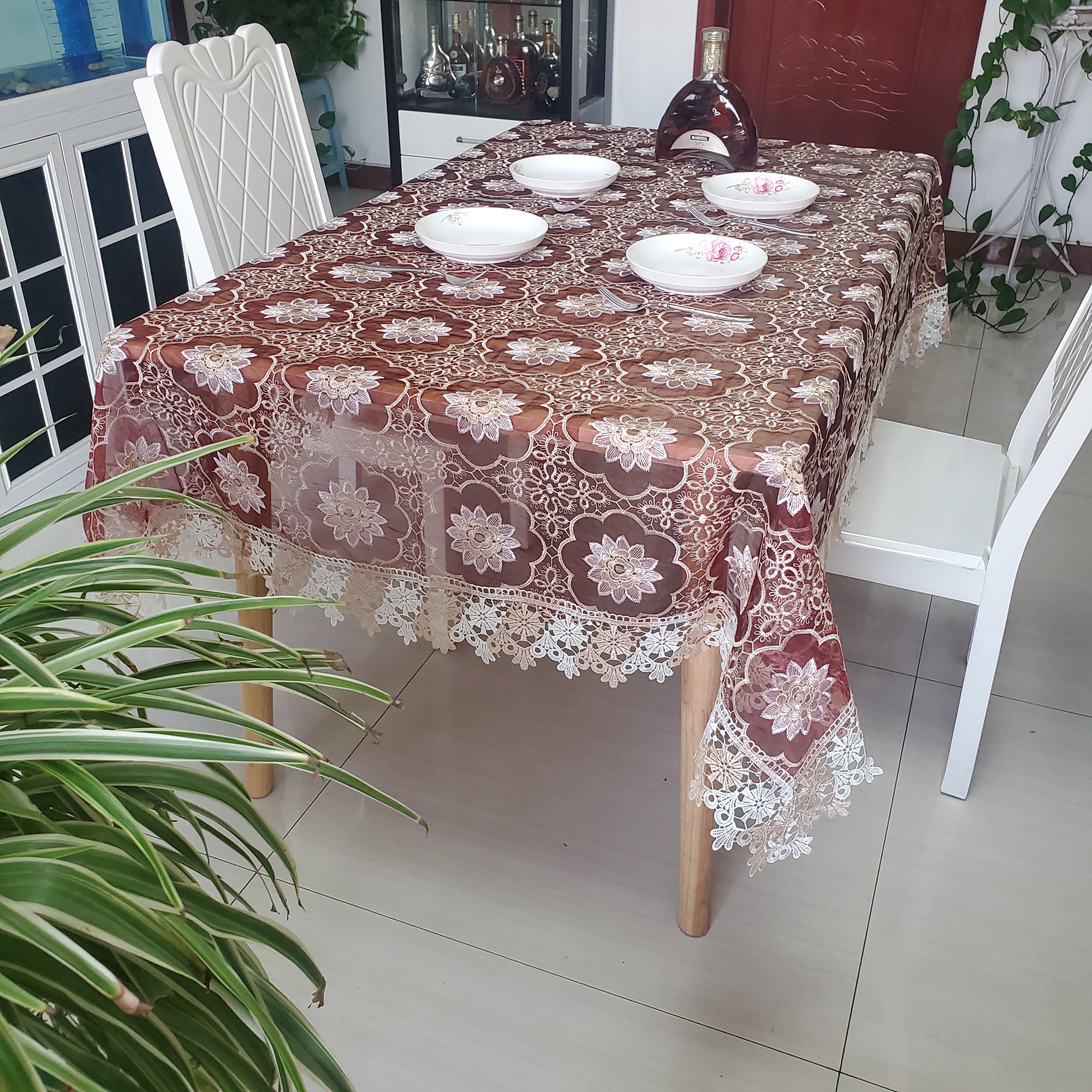 电脑刺绣蕾丝精致时尚桌布美观米色酒红色2色不同尺寸支持定制