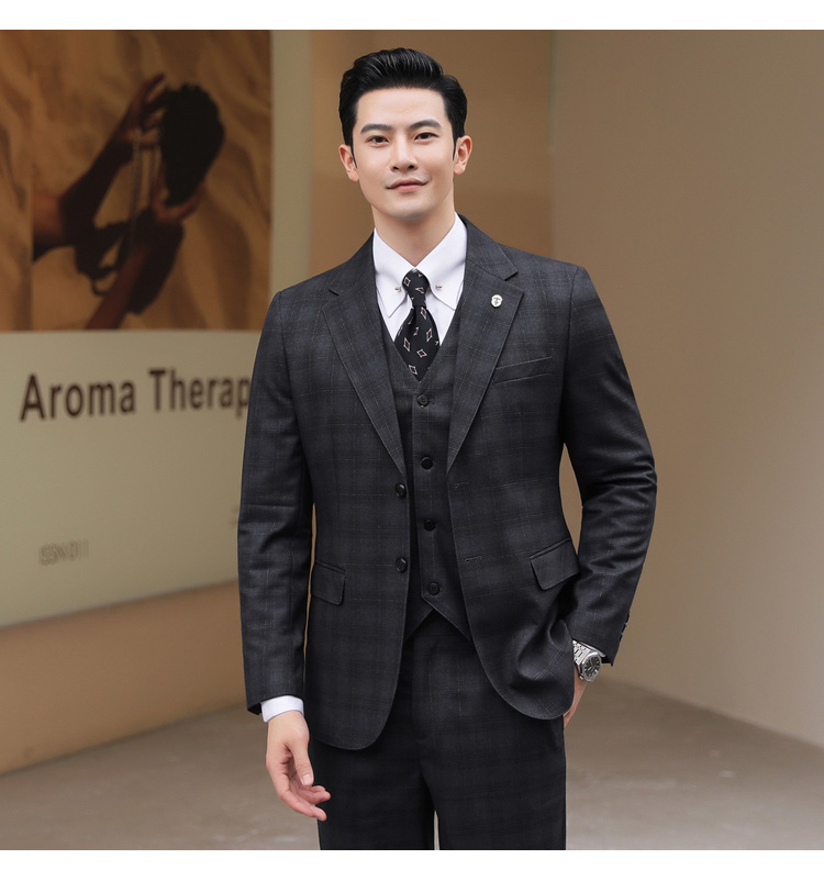 正装结婚西装礼服男婚礼休闲西服套装大码格子修身职业春秋西装