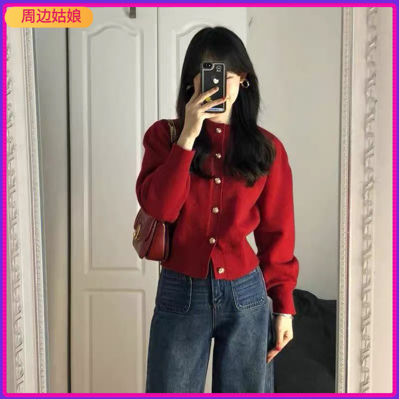 I2024小个子气质洋气潮短款红色开衫女秋冬新款感显瘦圆领毛衣外1