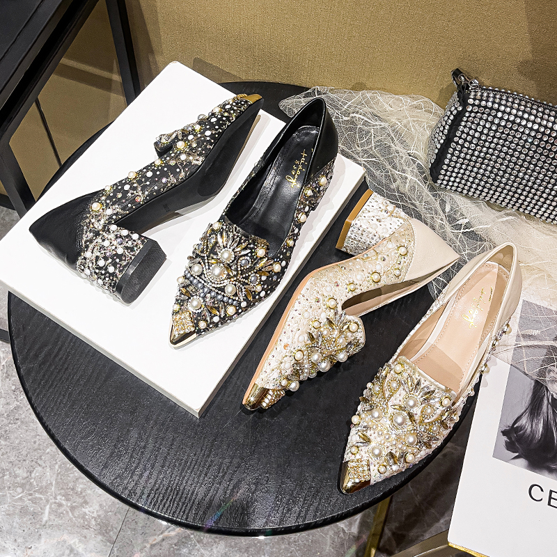 A956-10A粗跟单鞋浅口秋季新款不累脚单鞋尖头高跟水钻狐狸单鞋女