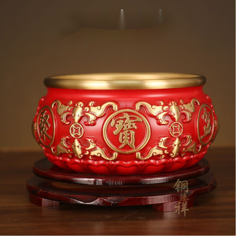 聚盆纯铜全铜五福八福纯铜浮雕聚盆桌面摆件客厅办公室玄关招柴