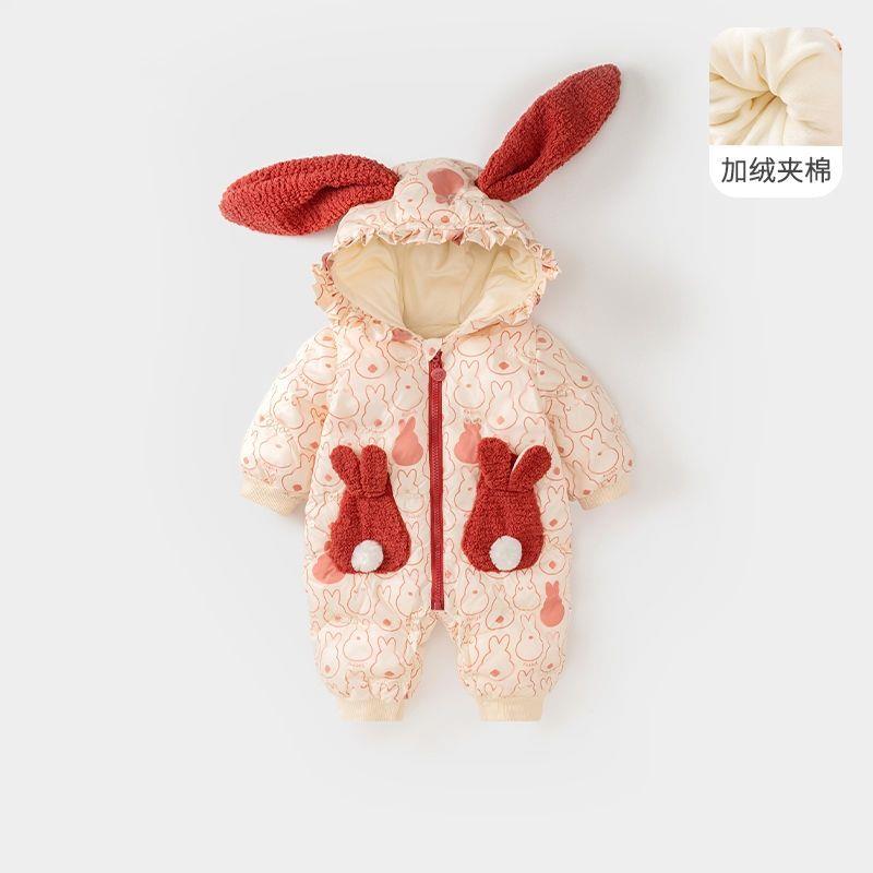 婴儿衣服冬装新生儿女宝宝连身衣加绒夹棉百天哈衣冬季外出爬爬服