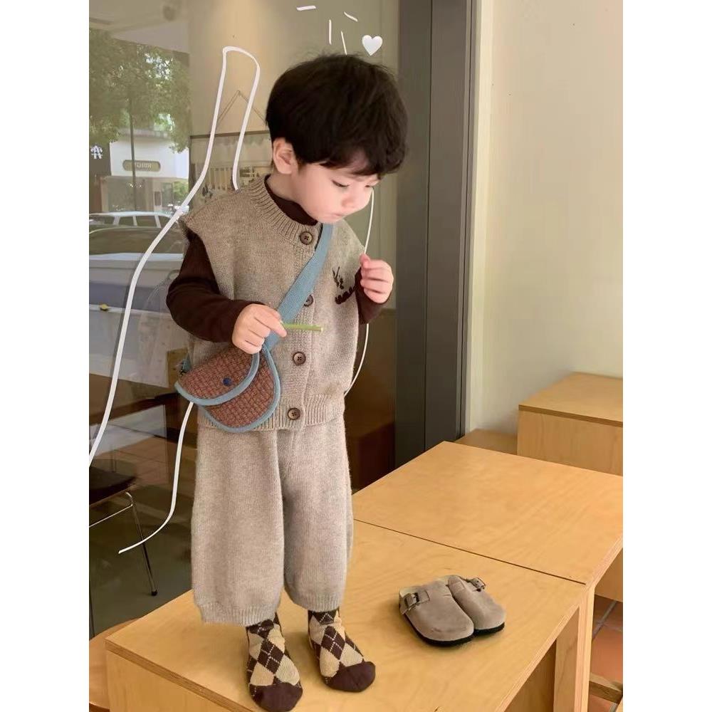 韩系童装两件套针织马甲开衫背心休闲宽松裤子洋气春秋季套装潮流