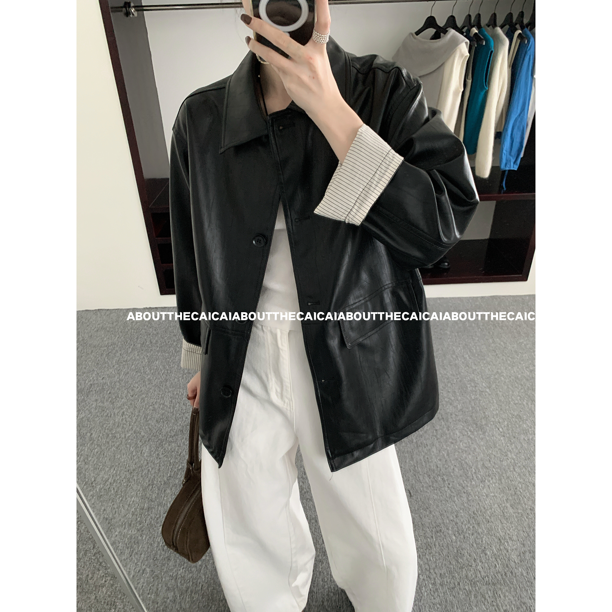 CAICAI翻领皮衣外套女中长款港风机车休闲复古皮夹克W814