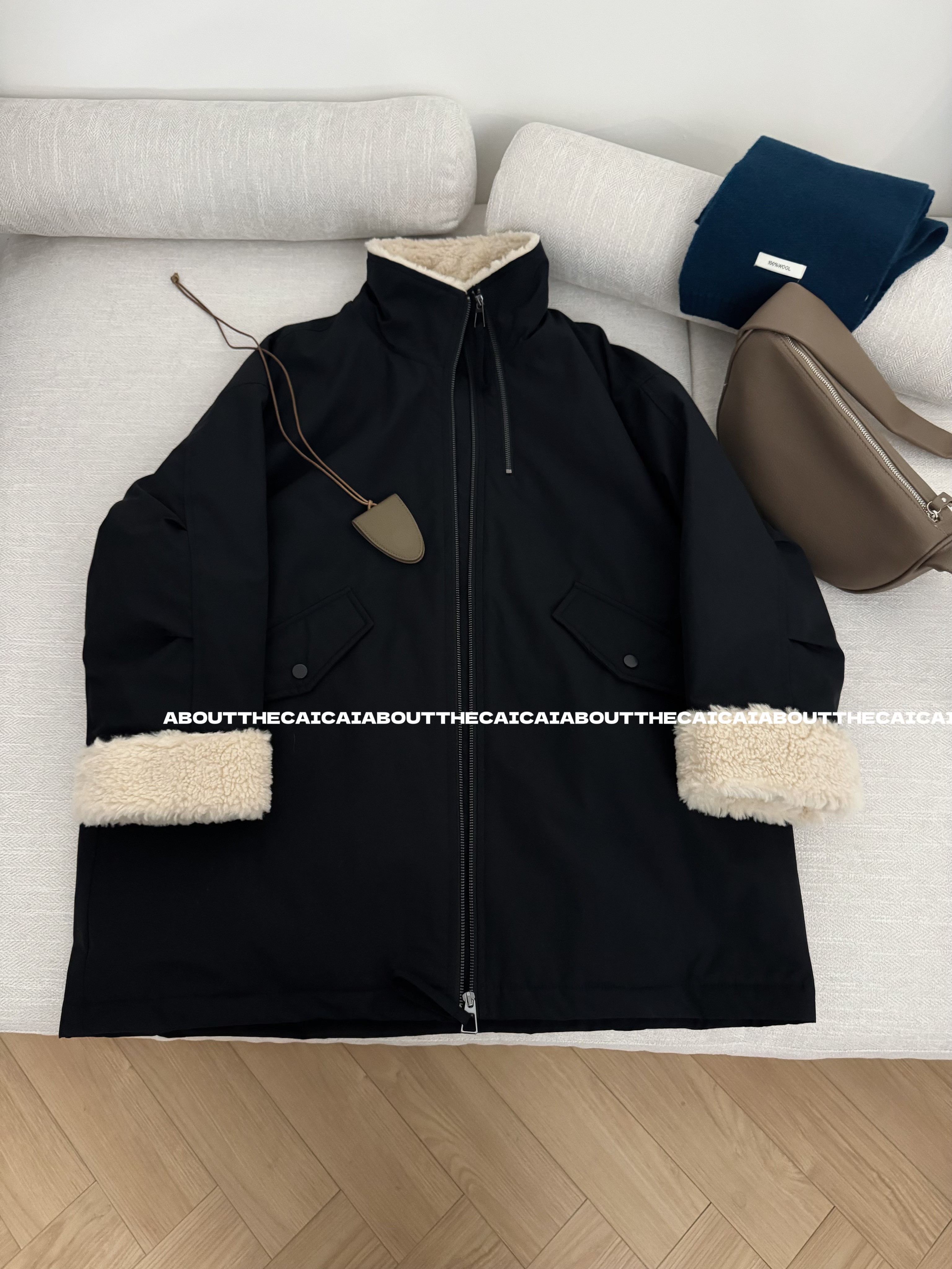 CAICAI/冬季韩系中长款立领加厚拼接毛绒外套女-810