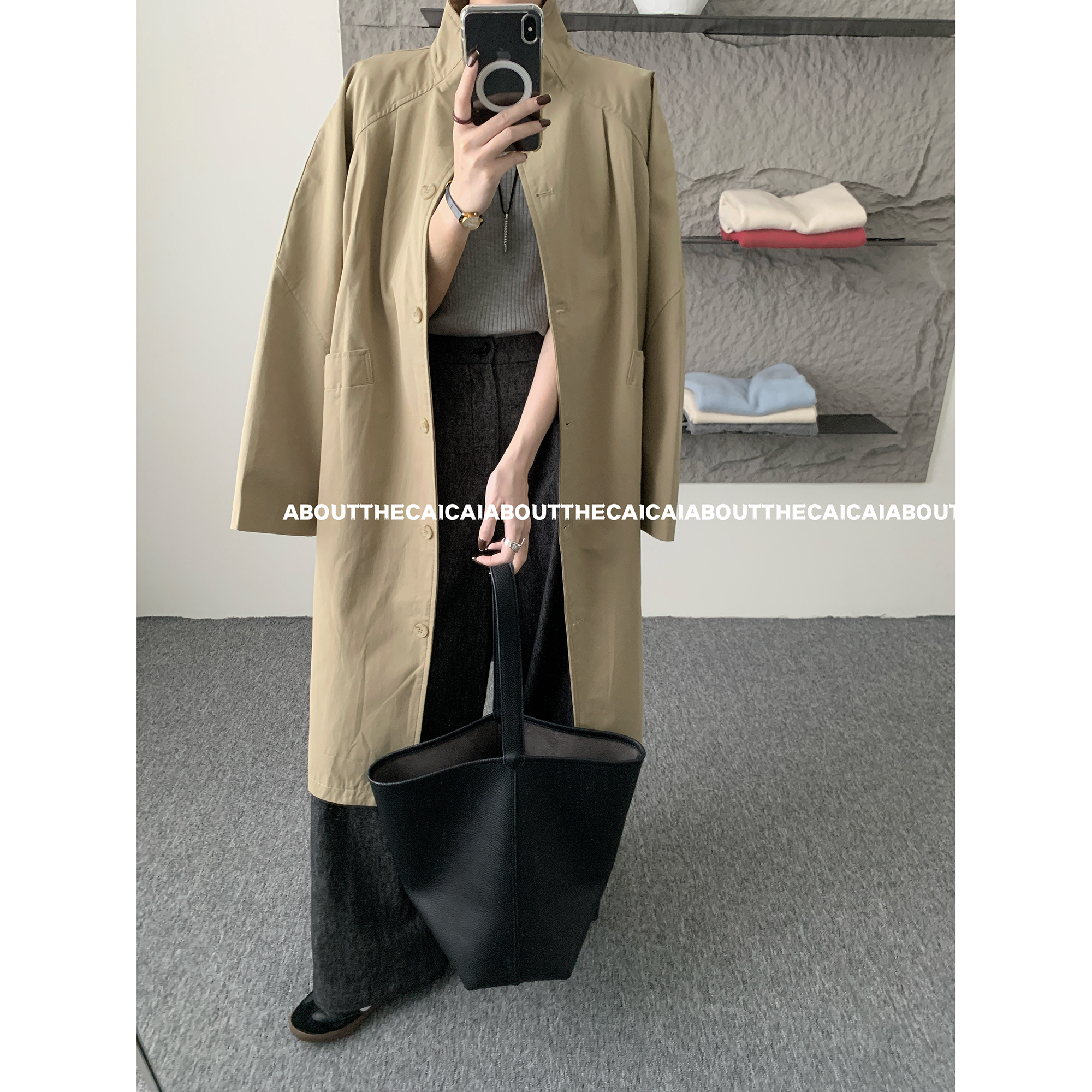 CAICAI/卡其色立领长款风衣外套女韩系简约休闲大衣70020