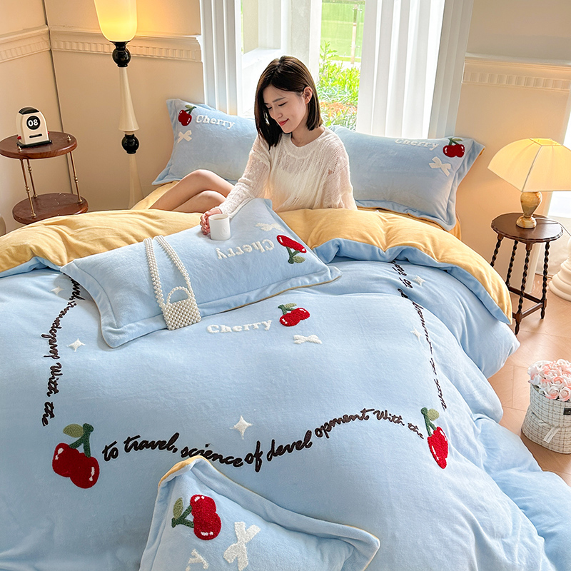 爱心少女床裙床单床上四件套水晶绒法莱绒牛奶绒雪花绒珊瑚绒被套