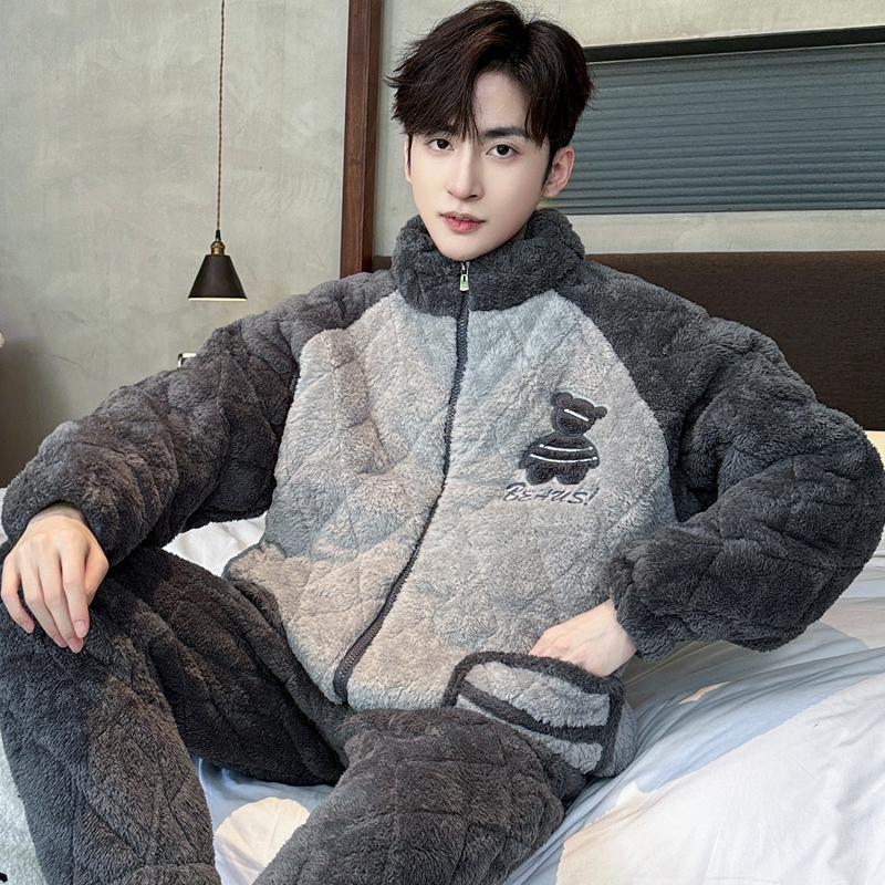 三层夹棉睡衣男冬季加厚加绒珊瑚绒青少年冬天保暖男款家居服套装