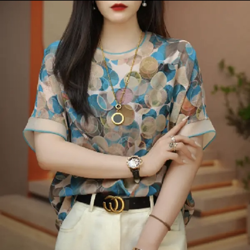 2024新款印花短袖恤女士夏季新款休闲减龄上衣遮肚显瘦雪纺小衫