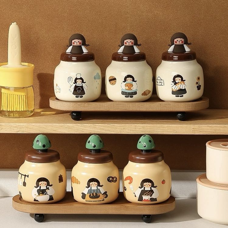 新疆包邮小女孩调料罐厨房家用陶瓷装盐味精调味品收纳组合套装
