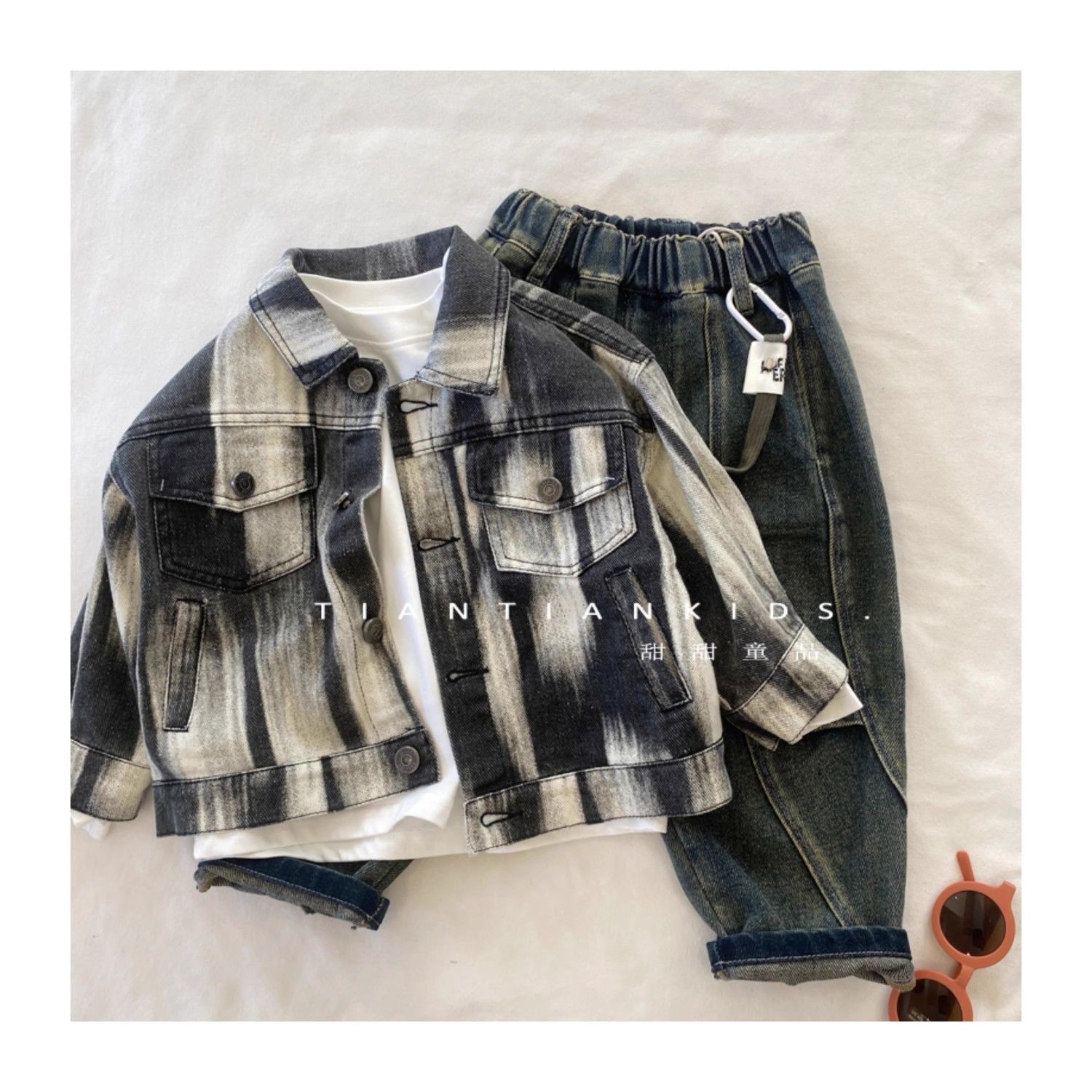 【我是小童】韩版拼色翻领牛仔衣男童夹克秋女宝潮酷牛仔外套长袖