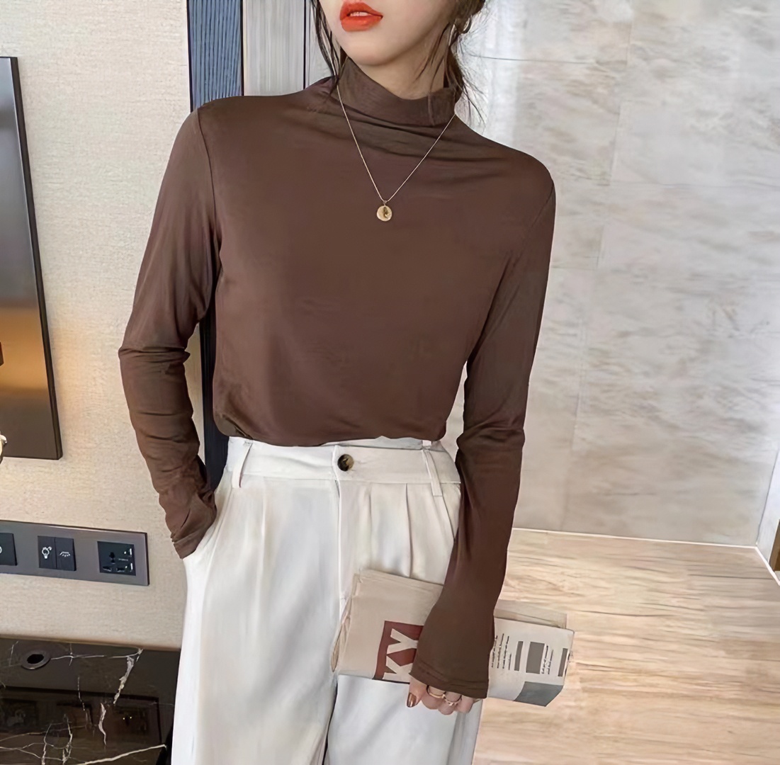 【赴约】打底保暖长袖显瘦秋冬正肩亮半高领加绒修身网红洋气纯色时