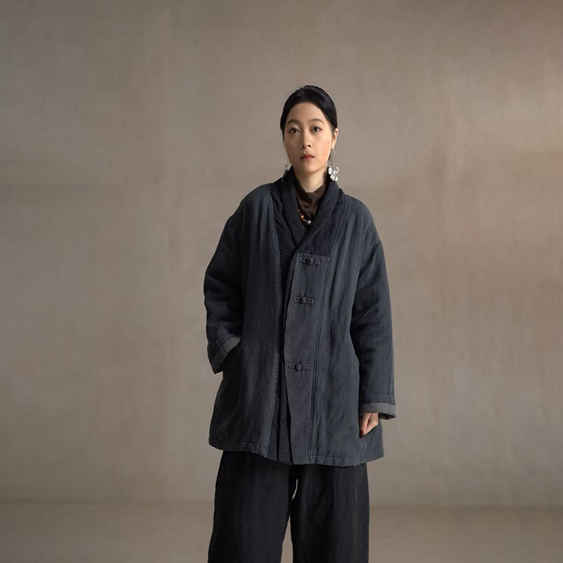 【以之】设计师品牌原创复古拼色宽松大码加厚棉花里衬亚麻棉衣