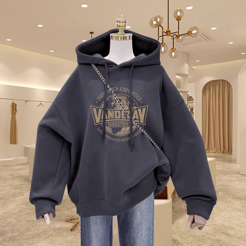 灰色连帽卫衣女秋冬美式复古慵懒风中长款遮屁股印花宽松运动外套