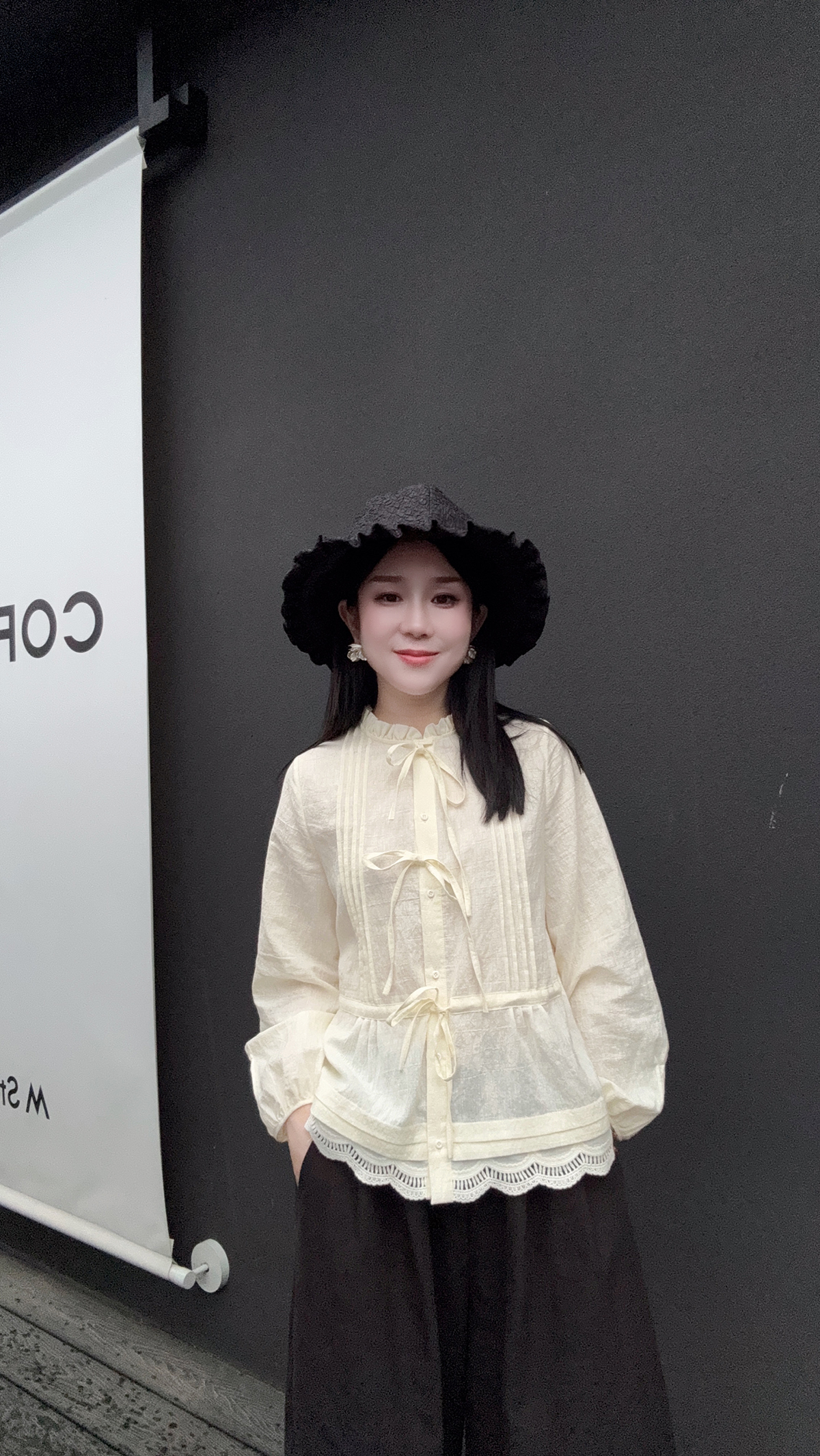 文艺木耳边蕾丝花边系带减龄设计感衬衫抽绳显瘦衬衣B183431