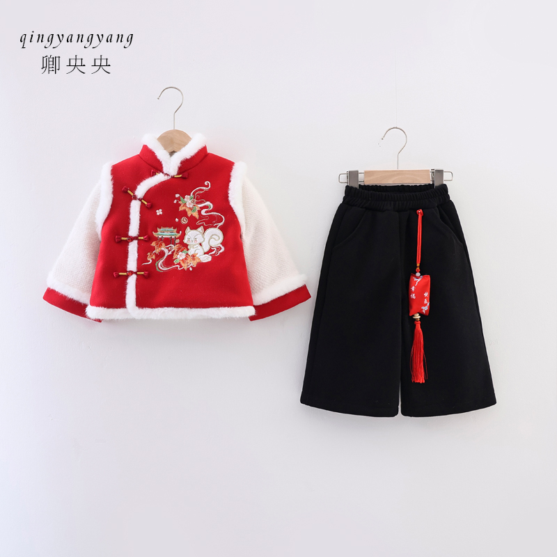 儿童唐装冬季拜年服中国风加绒套装汉服男女童周岁礼服喜庆过年服