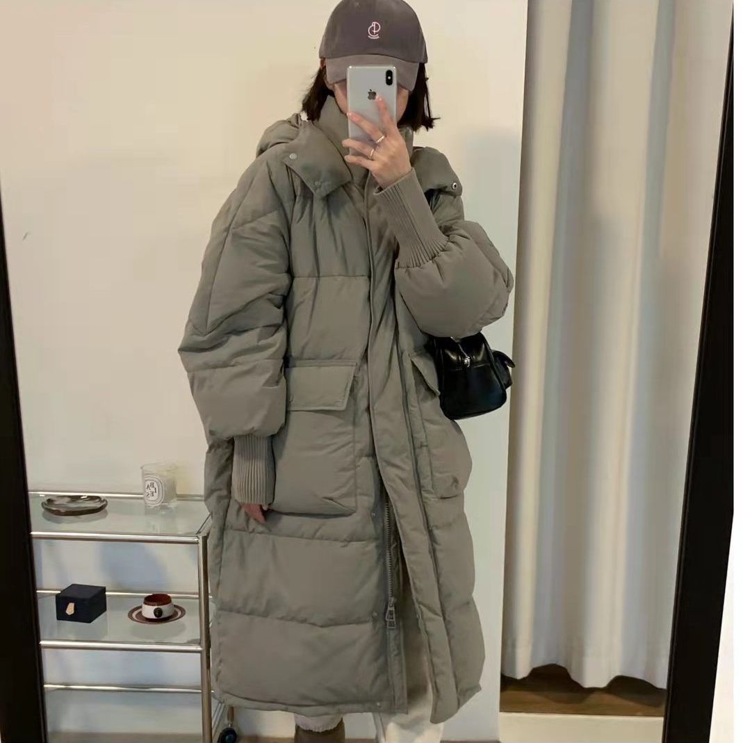 羽绒衣时尚大口袋加厚过膝中长款羽绒服休闲百搭潮流收腰保暖秋冬
