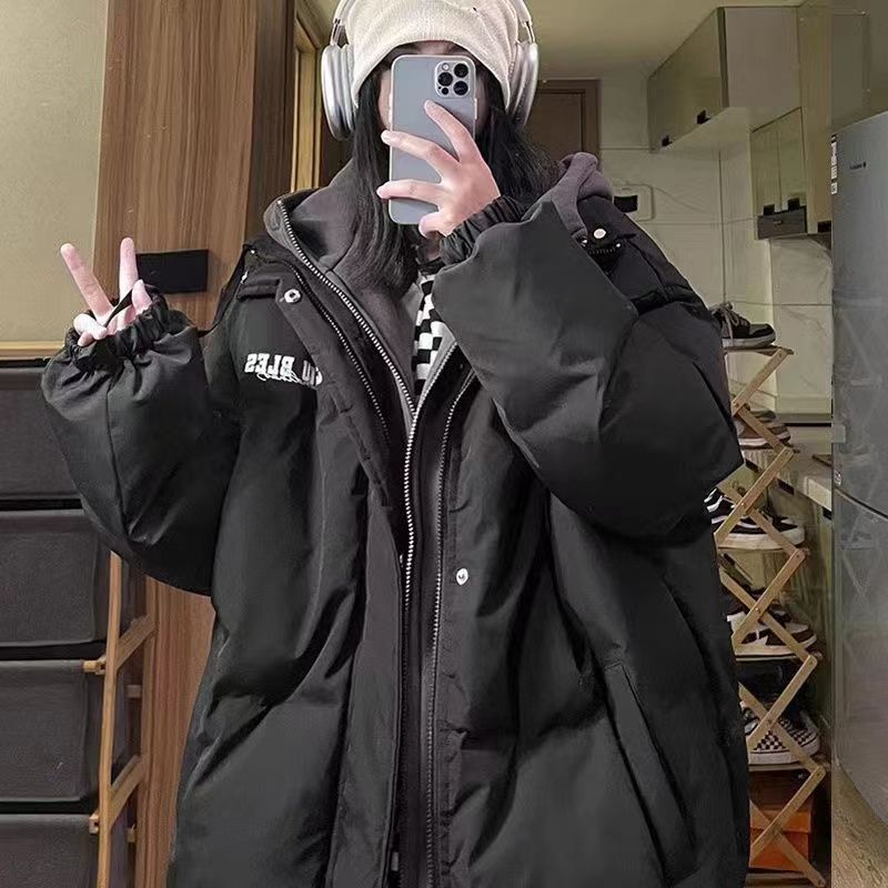 时尚款羽绒衣服女2023冬季新款韩版oversize假两件加厚羽绒情侣大