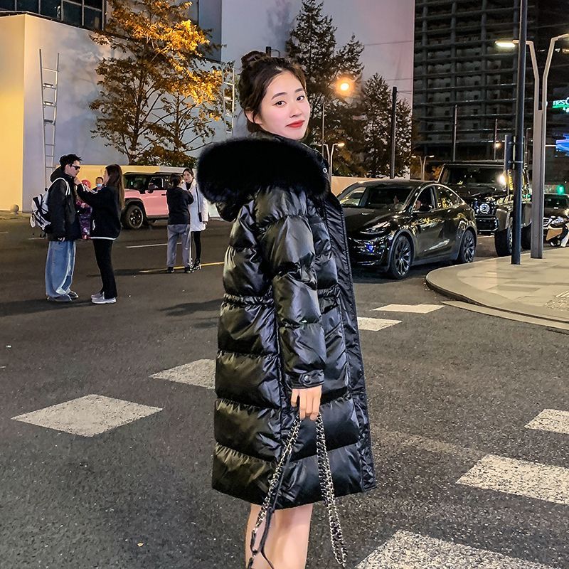 时尚款羽绒衣美拉德黑金羽绒棉服收腰显瘦中长款棉衣过膝大毛领时